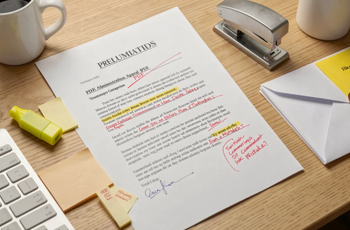 Vue aérienne d'une lettre de recours PDF imprimée avec corrections au stylo rouge et notes autocollantes signalant les erreurs à éviter