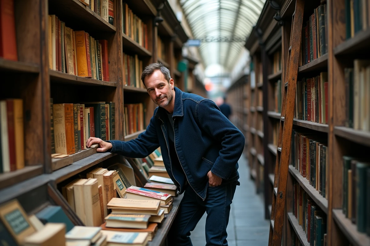 Homme feuilletant des livres anciens dans une librairie de bouquiniste installée dans un passage couvert à Paris