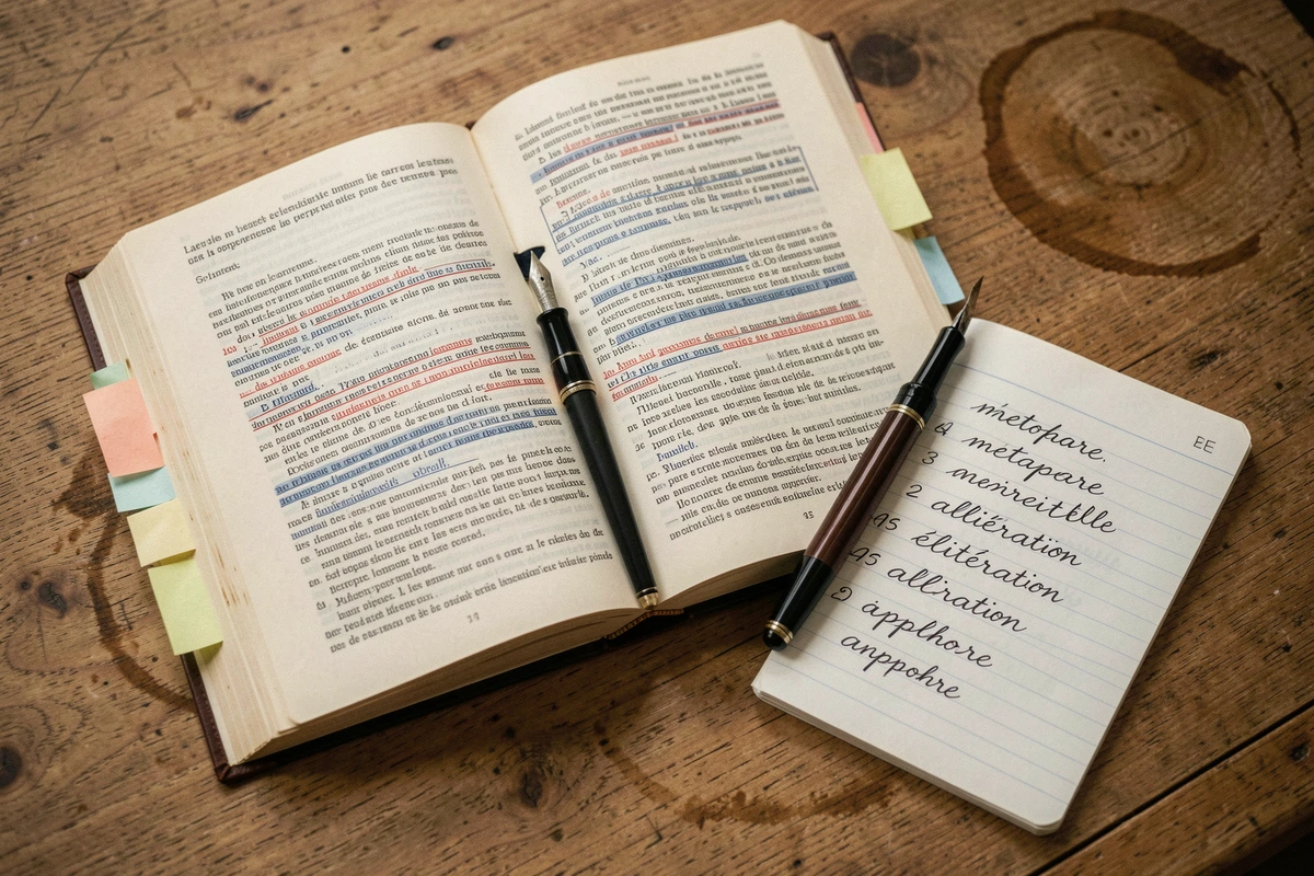 Livre de littérature française ouvert avec annotations et liste de figures de style sur un bureau en chêne