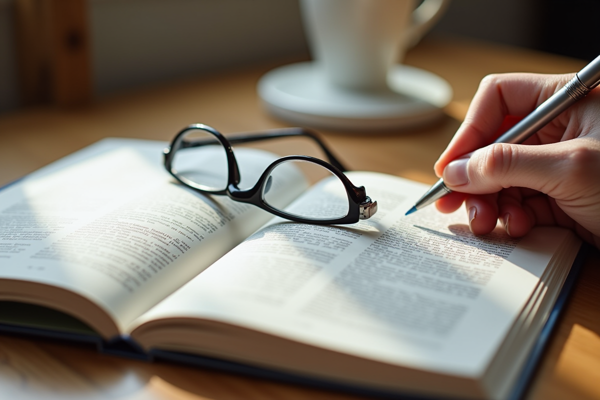 Livre de grammaire française ouvert avec lunettes et stylo