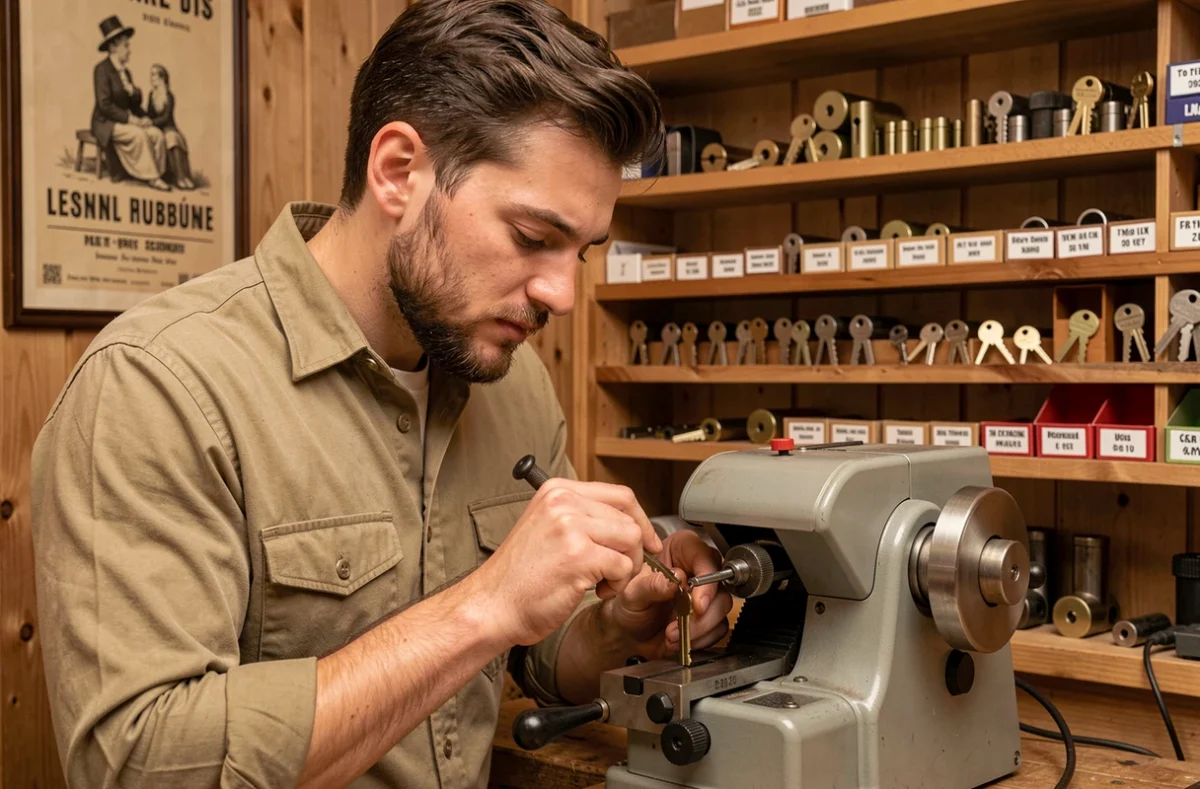 Loué Thibault, serrurier artisan en Maine-et-Loire, dupliquant une clé dans son atelier