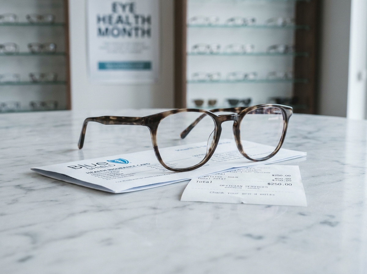 Lunettes de vue posées sur une carte mutuelle et un reçu de remboursement optique