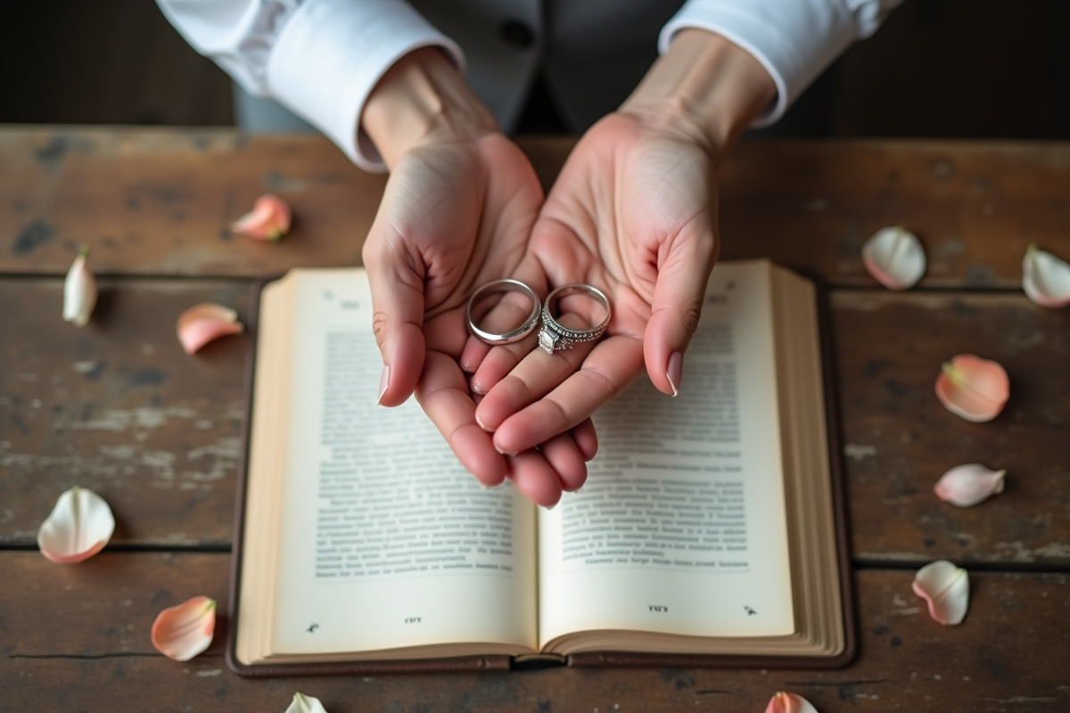 Mains entrelacees avec alliances sur un livre de vœux en bois