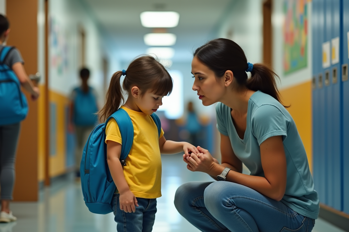 Maman parlant avec sa fille dans le couloir de l