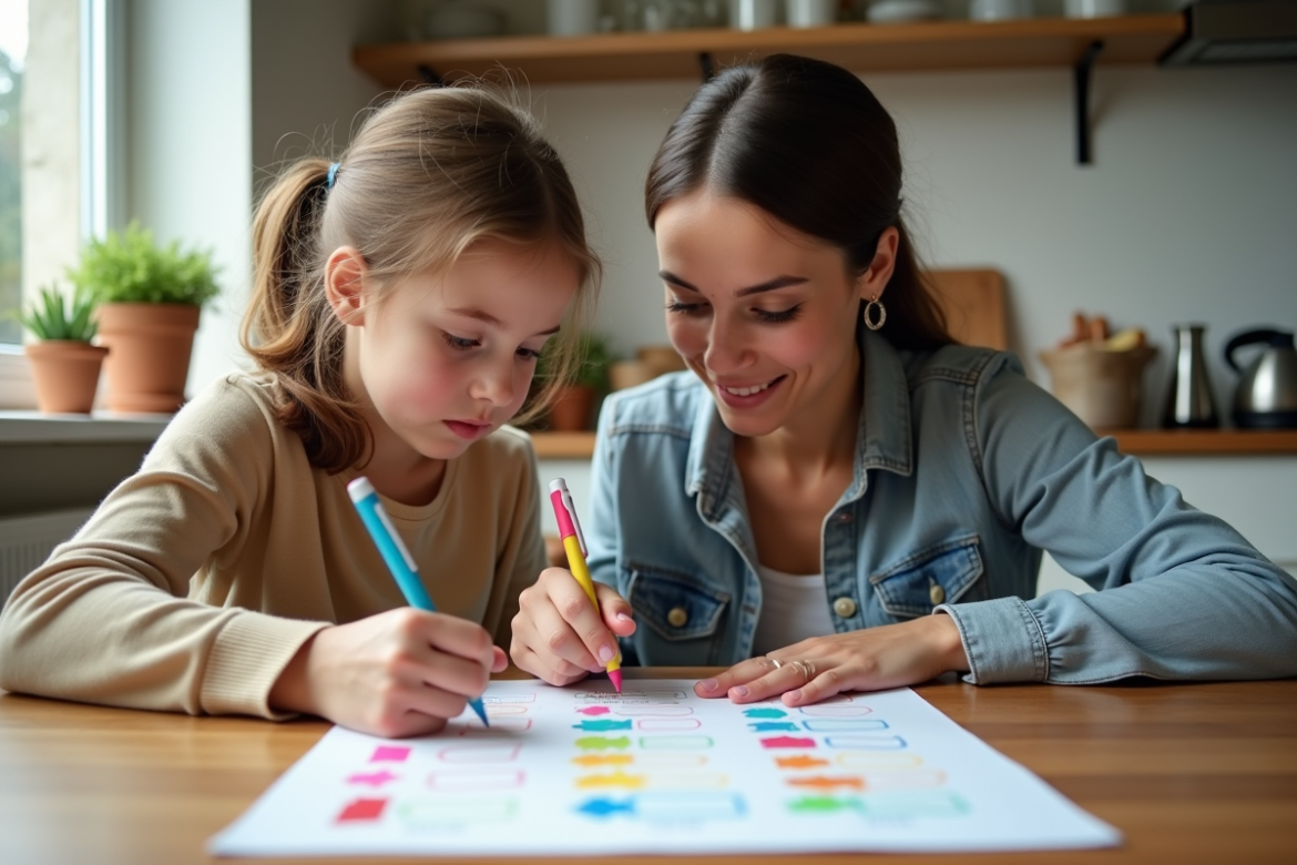 Mère et fille remplissant un tableau de tâches familiales