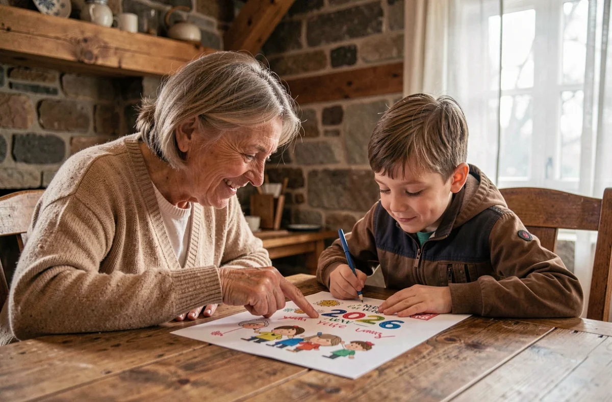 Grand-mère et petite-fille créant ensemble une carte bonne année 2026 à colorier