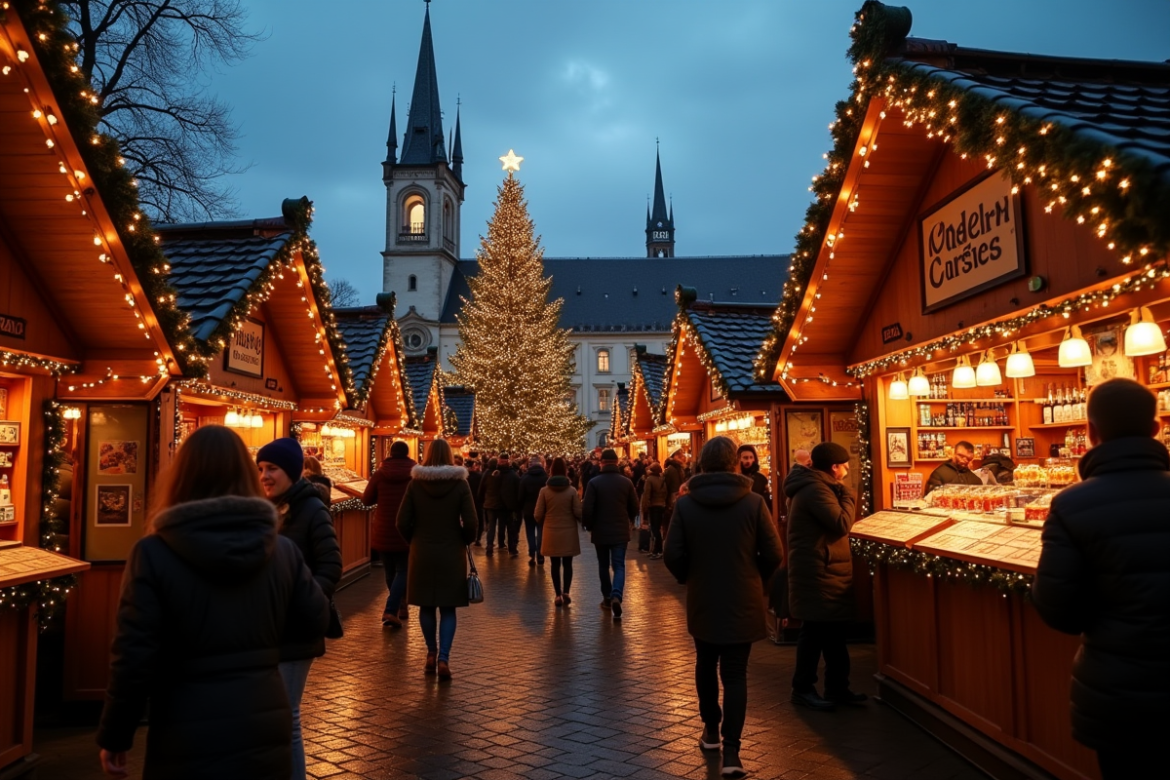 Marché de Noël européen animé en soirée avec grande sapin illuminé