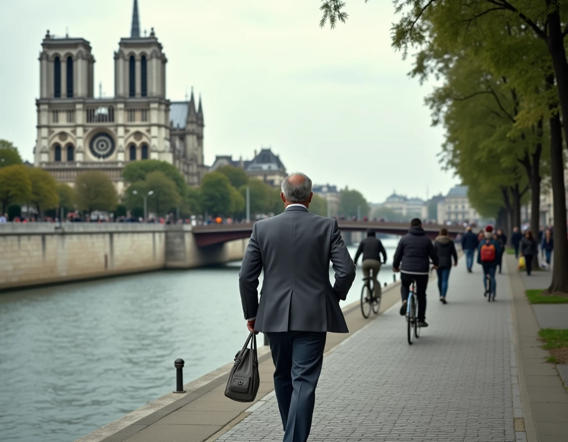 Homme marchant sur les quais de Seine à Paris comme alternative au métro RATP en grève