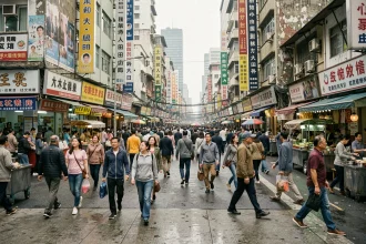 Foule dense traversant une intersection urbaine dans une mégapole asiatique surpeuplée, illustrant la démographie mondiale
