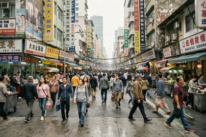 Foule dense traversant une intersection urbaine dans une mégapole asiatique surpeuplée, illustrant la démographie mondiale
