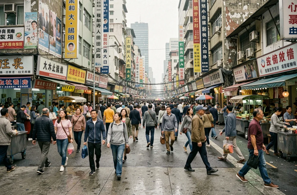 Foule dense traversant une intersection urbaine dans une mégapole asiatique surpeuplée, illustrant la démographie mondiale