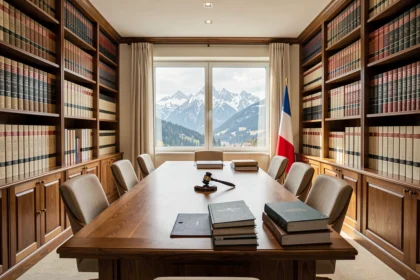 Vue panoramique d'un cabinet d'avocats à Grenoble avec bibliothèque juridique et vue sur les montagnes