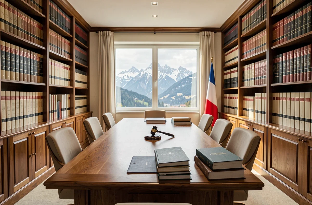 Vue panoramique d'un cabinet d'avocats à Grenoble avec bibliothèque juridique et vue sur les montagnes