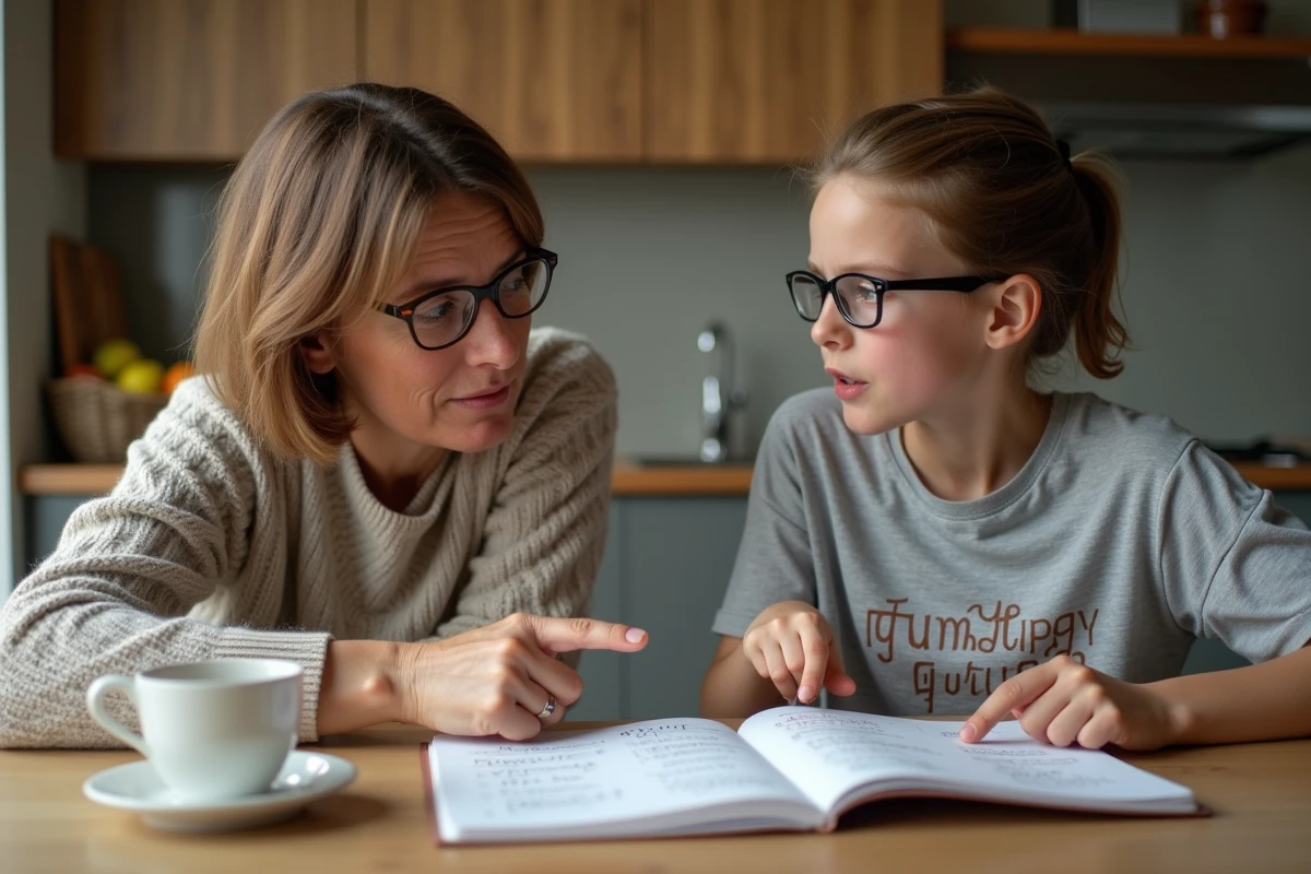 Une mère et sa fille adolescente consultent ensemble un lexique de l'argot des jeunes dans une cuisine moderne
