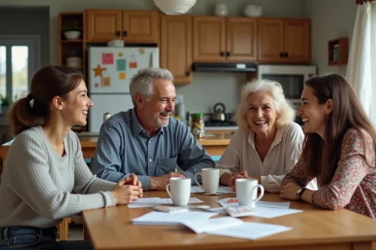 Groupe de quatre personnes riant autour d'une table de cuisine