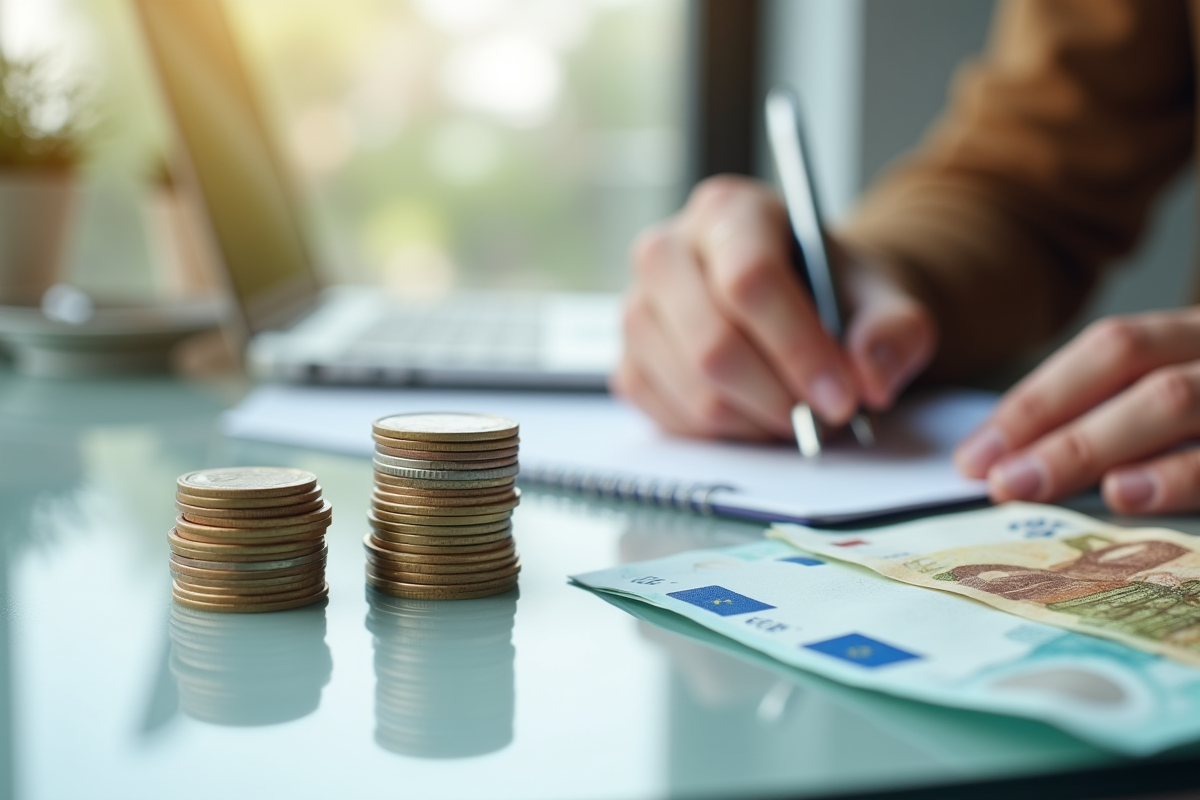 Deux tas de pièces et billets d euro avec main tenant un carnet de salaire