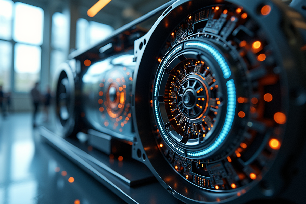 Zoom sur un moteur quantique haute technologie avec circuits lumineux