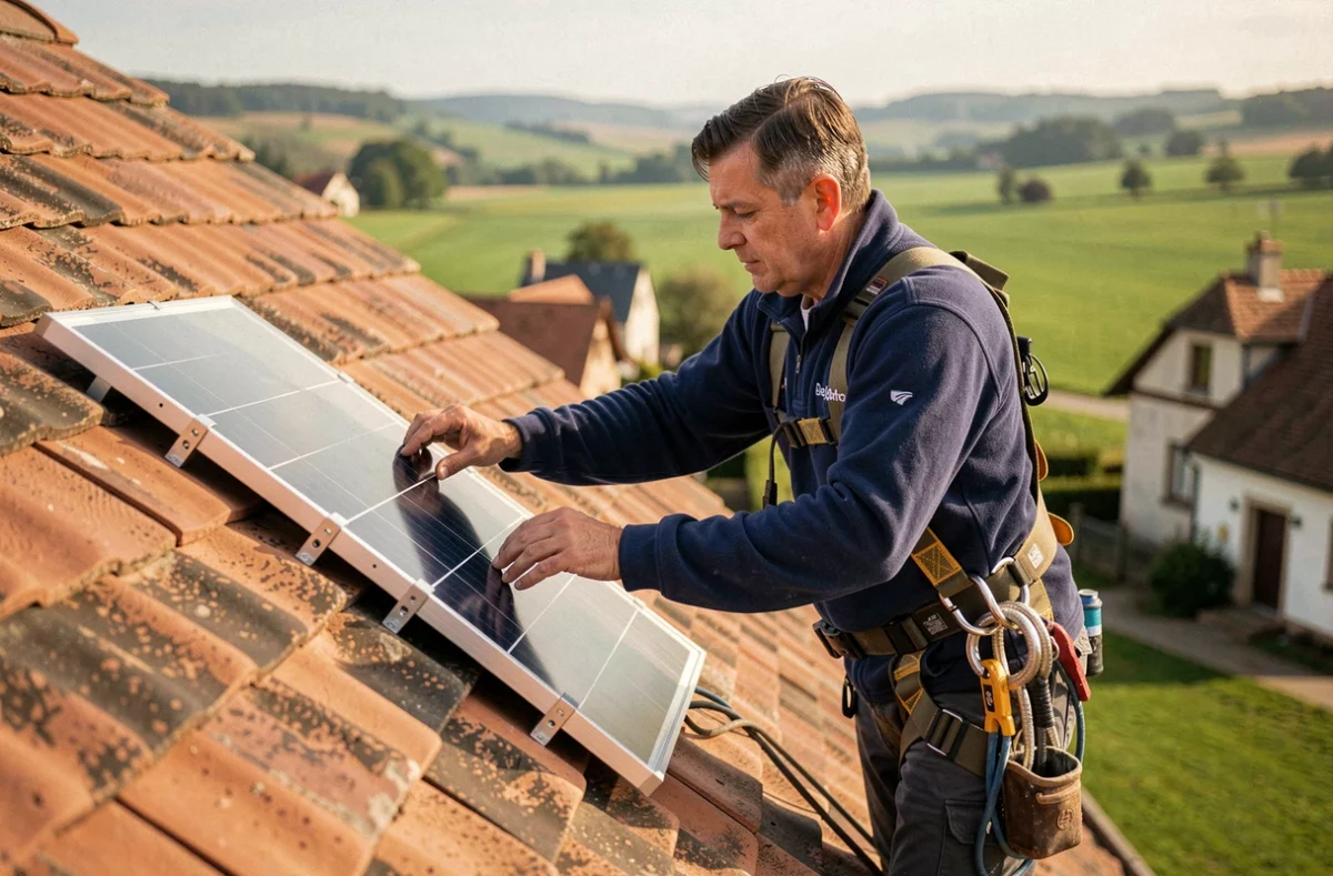 Couvreur de Muller Toiture fixant des supports de panneaux solaires sur un toit en tuiles dans un village alsacien