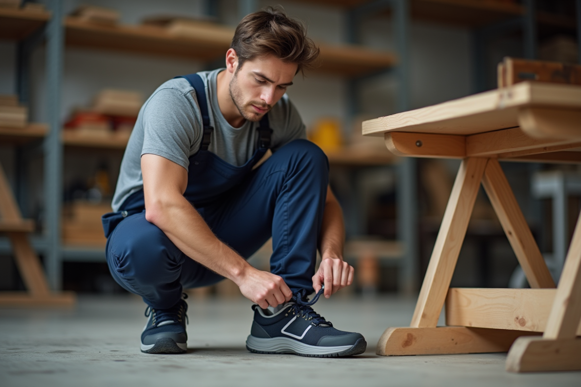 Jeune ouvrier attachant ses chaussures de sécurité modernes