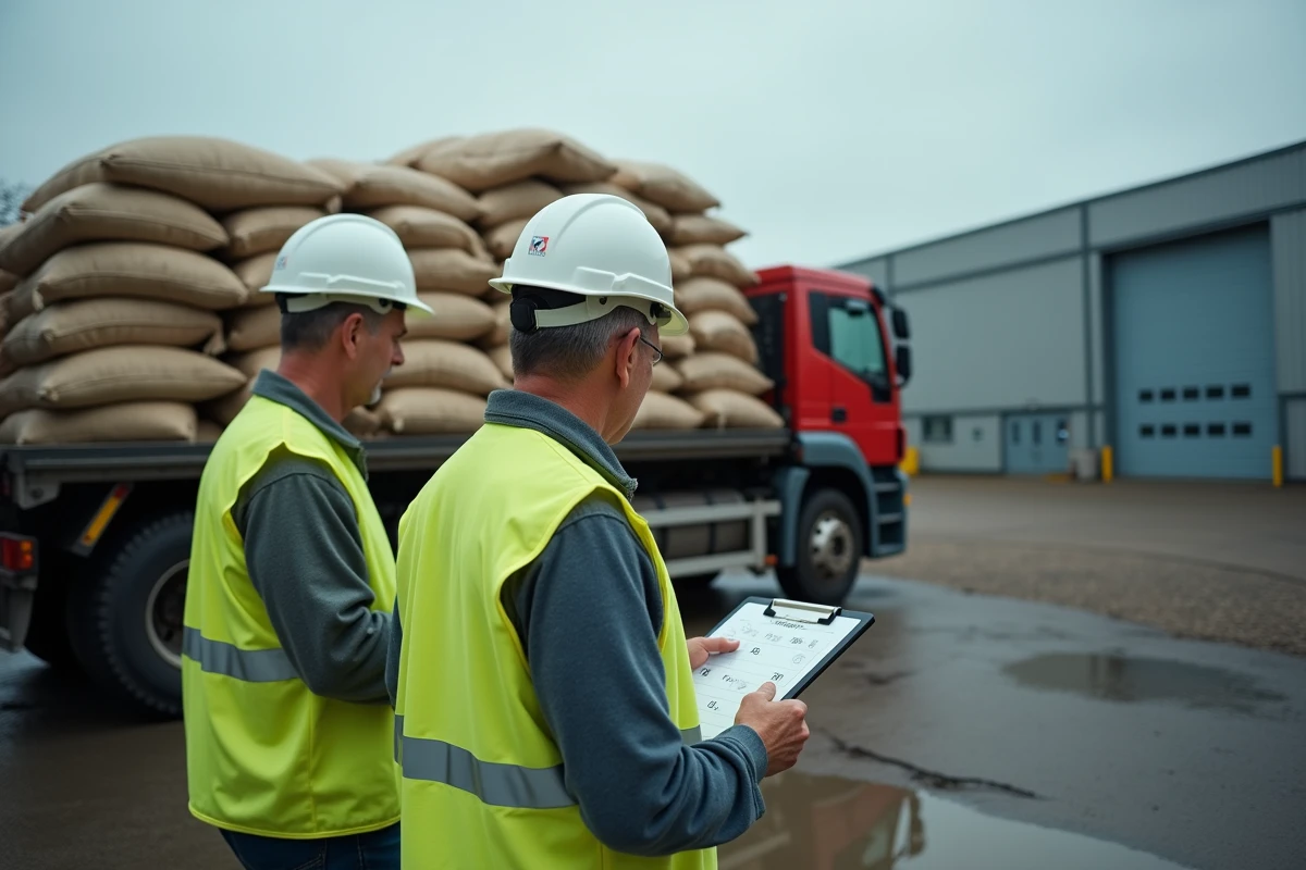 Deux ouvriers agricoles vérifiant la conversion de quintaux en tonnes sur un pont-bascule numérique dans une cour de stockage