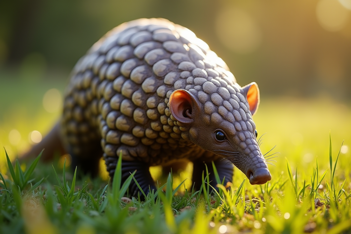 Pangolin menacé dans l'herbe verte au lever du soleil