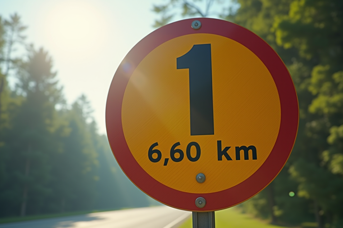 Panneau routier montrant 1 mile égal 1,609 km en anglais et métrique