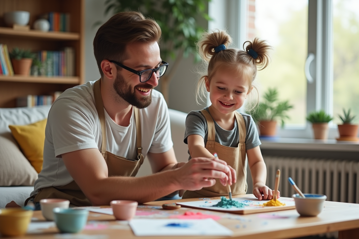 Père et fille créant de la peinture naturelle en famille