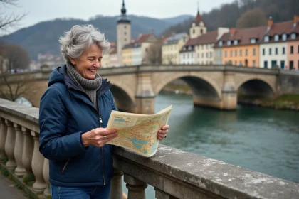 Femme souriante avec carte touristique près du pont à Sarralbe