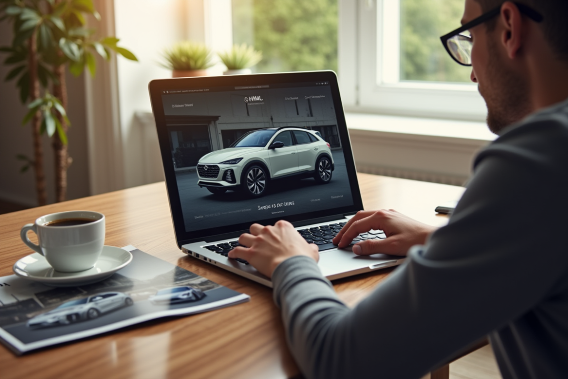 Personne naviguant sur un site auto allemand sur un ordinateur
