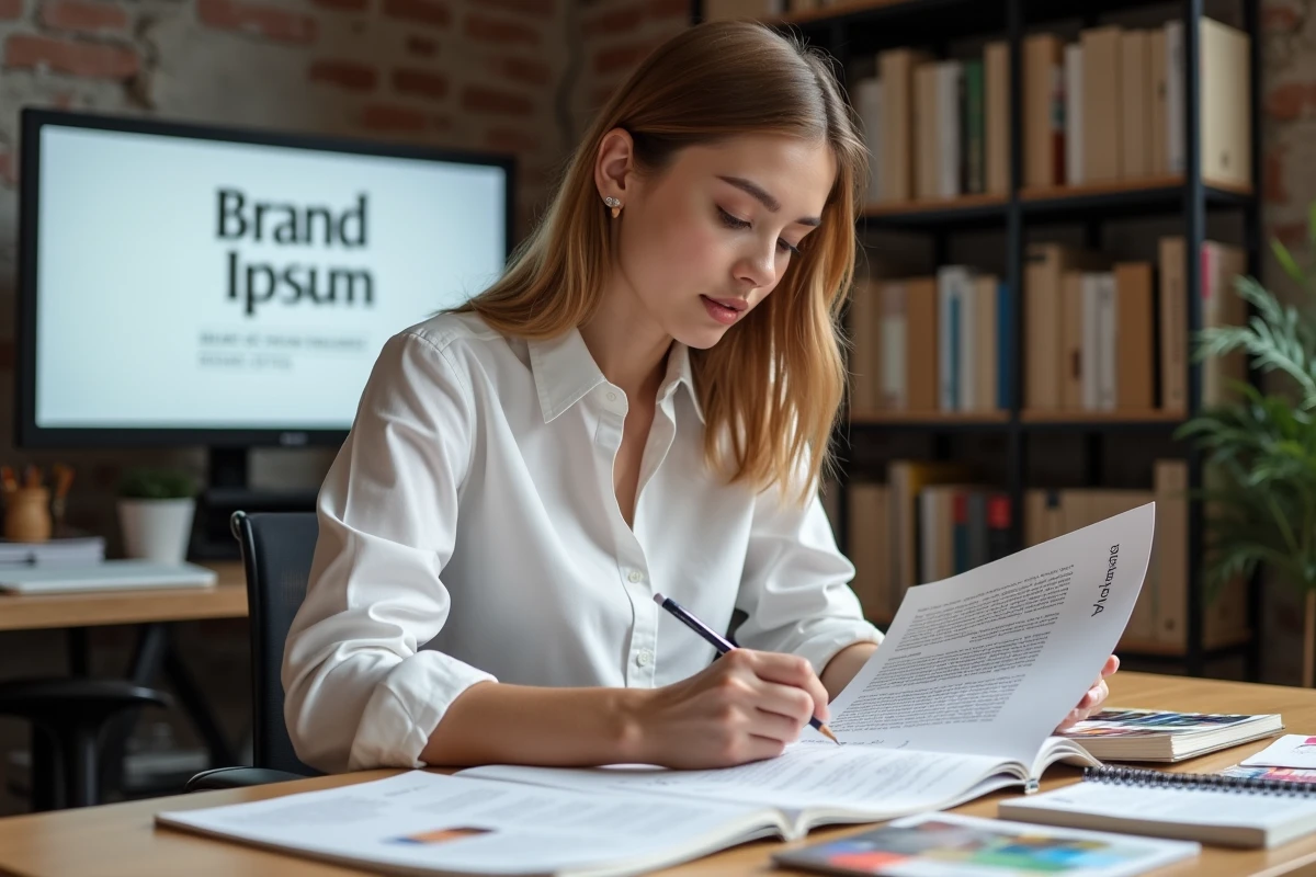 Graphiste annotant un document Lorem Ipsum pour personnaliser une charte éditoriale dans un studio de design moderne