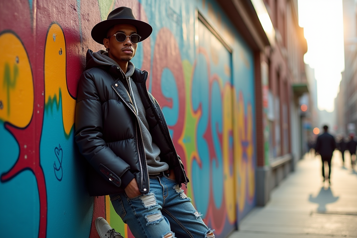 Personne en streetwear devant un mur graffiti coloré