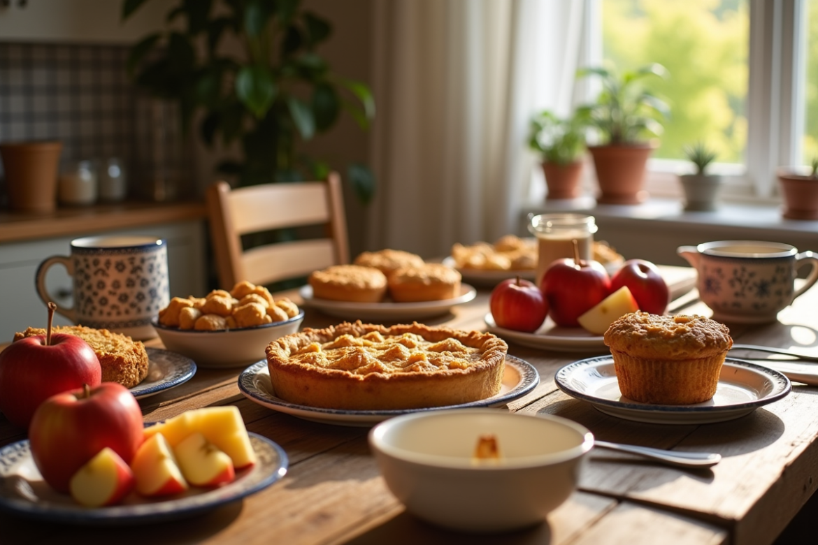 Petit déjeuner rustique avec tartes et pommes fraîches