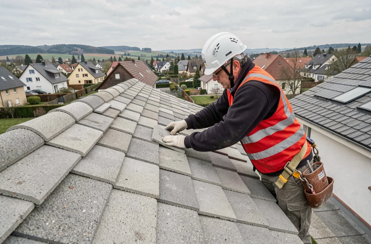 Couvreur de Philippi Couverture posant des tuiles en béton sur une maison neuve près d'Obernai