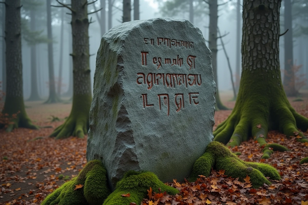 Pierre runique gravée de runes nordiques ancienne dans une forêt scandinave brumeuse entourée de mousse et de feuilles d'automne