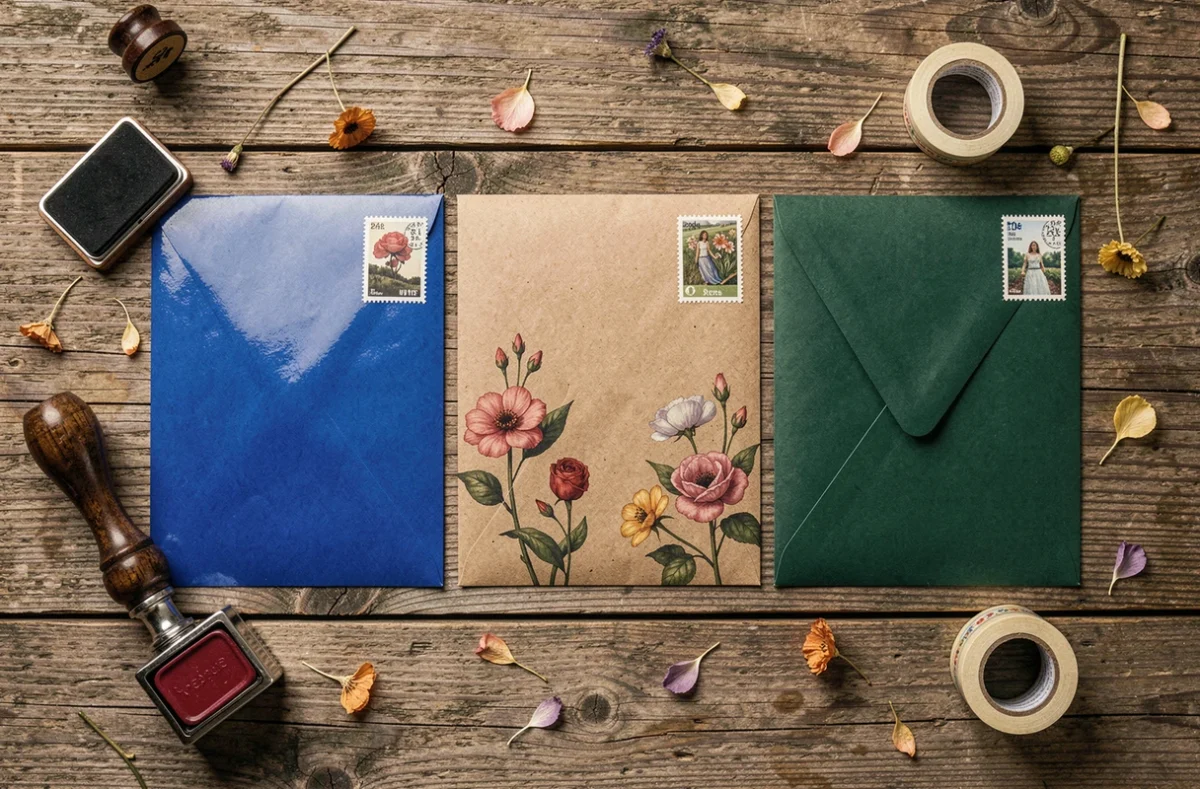 Vue de dessus de trois enveloppes colorées avec des timbres positionnés dans le coin supérieur droit sur une surface en bois rustique