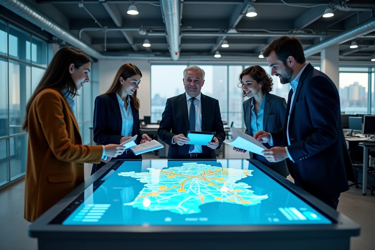 Équipe de planificateurs et ingénieurs analysant la carte du réseau de transport national français pour les projets 2026