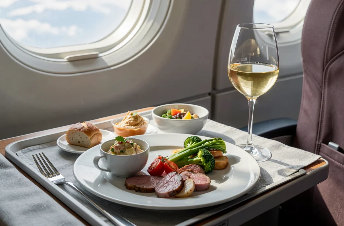Plateau repas gastronomique servi en classe business avec un verre de vin