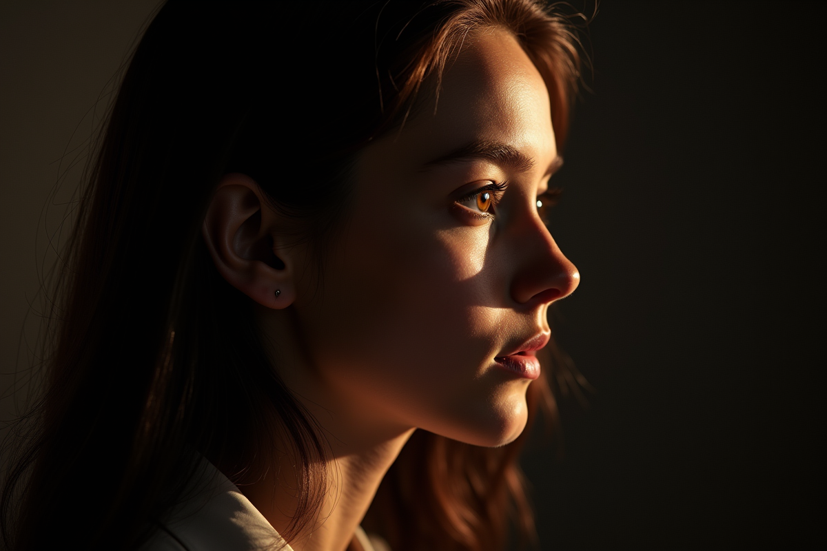Femme en profil sous éclairage dramatique en intérieur