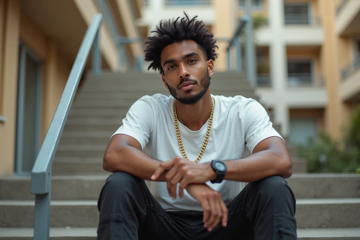 Portrait authentique d'un jeune rappeur français d'origine maghrébine assis devant une cité en béton
