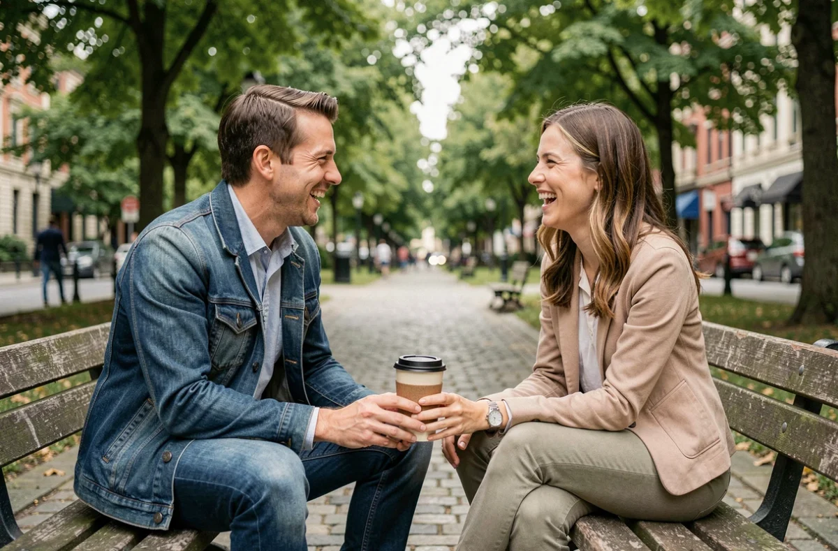 Premier rendez-vous authentique entre deux personnes dans un parc urbain, rencontre en ligne réussie