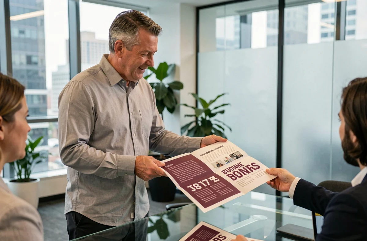Professionnel du marketing présentant une brochure agrafée 8 pages à des collègues dans un bureau moderne avec vue urbaine