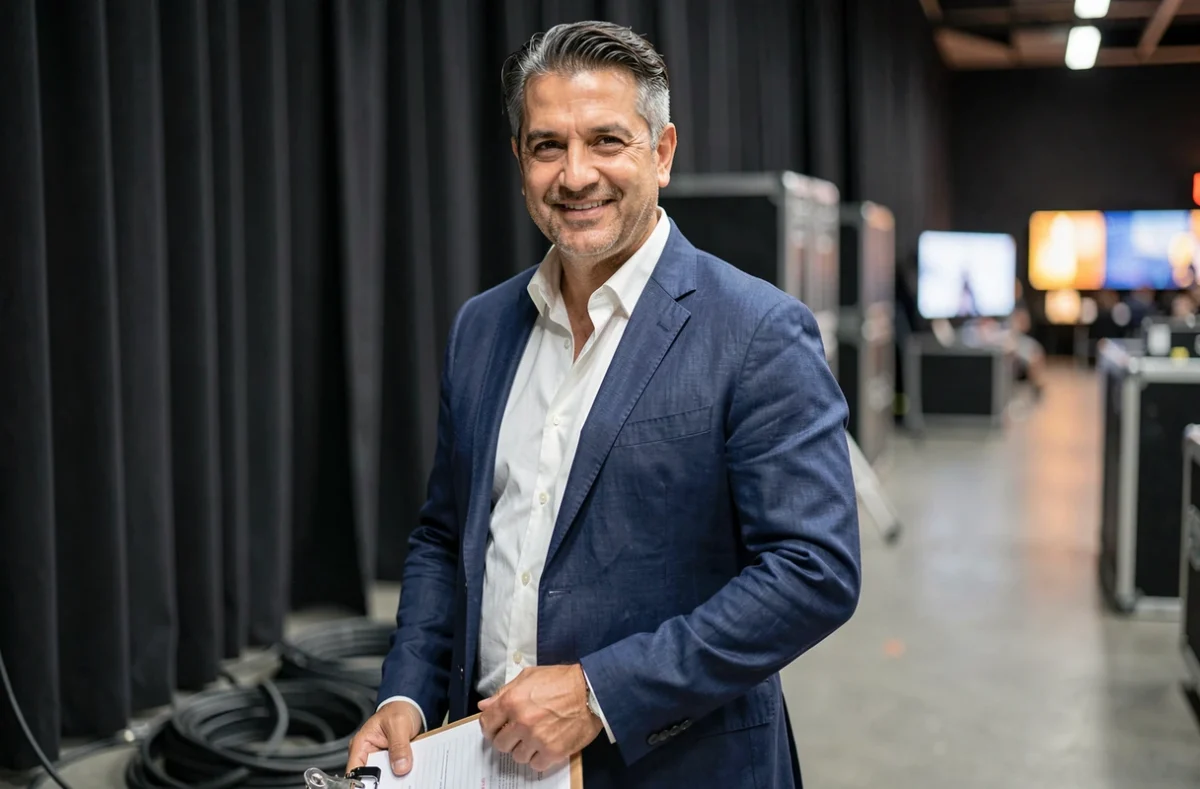 Homme producteur musical en coulisses d'une salle de concert, tenant un clipboard, sourire naturel dans une ambiance de backstage