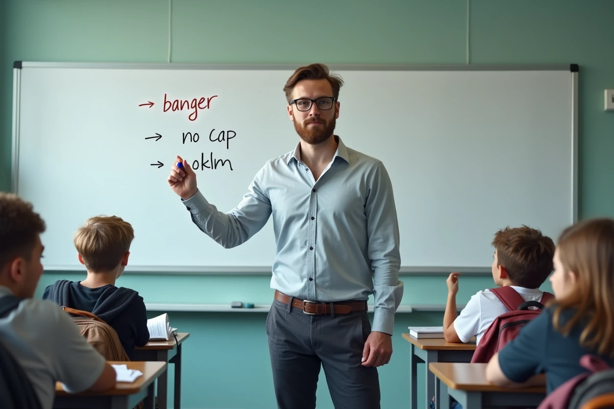 Un enseignant écrit des expressions d'argot adolescent au tableau dans une salle de classe, illustrant le guide du vocabulaire des jeunes