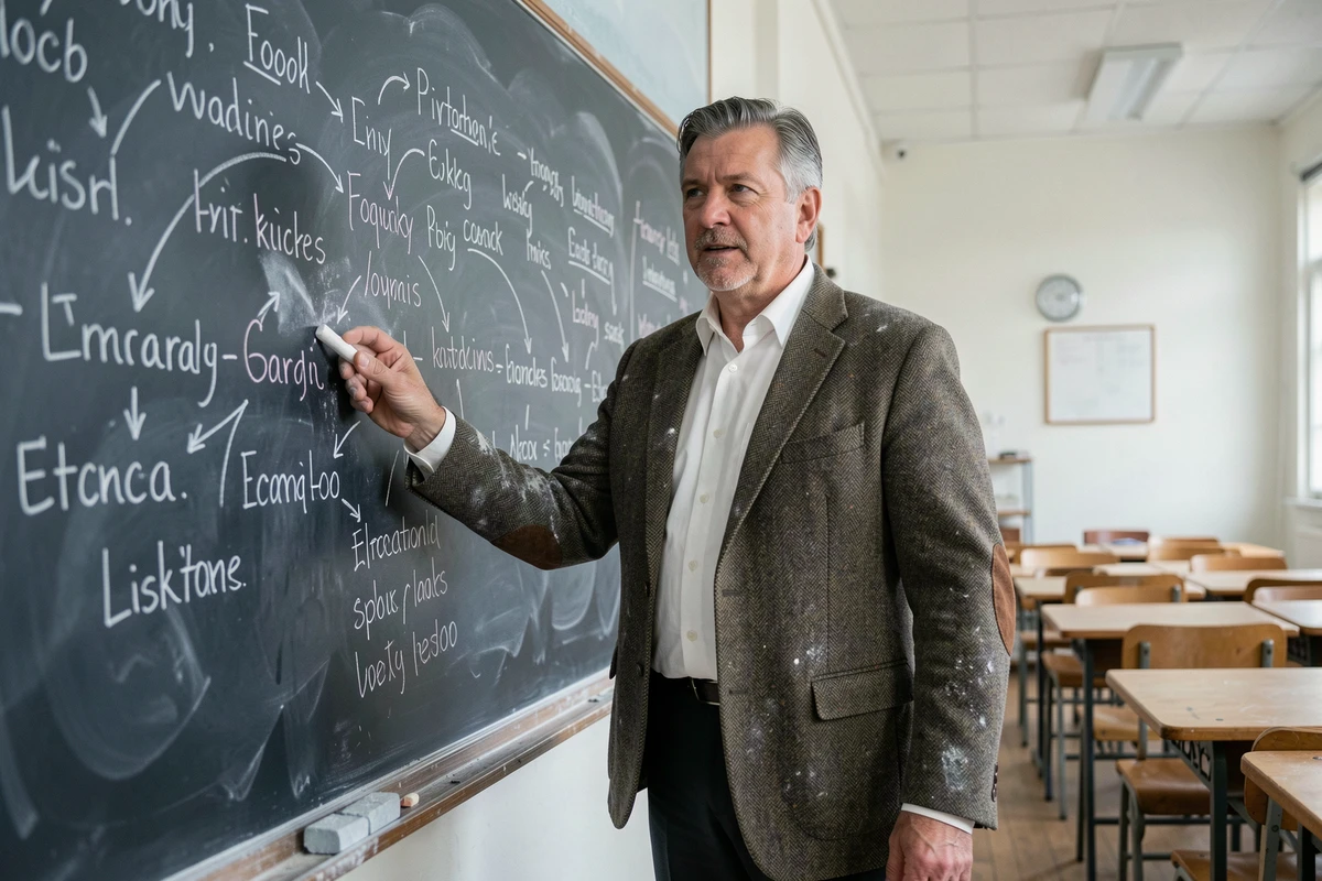 Professeur de littérature devant un tableau noir rempli de figures de style pour un cours de commentaire composé