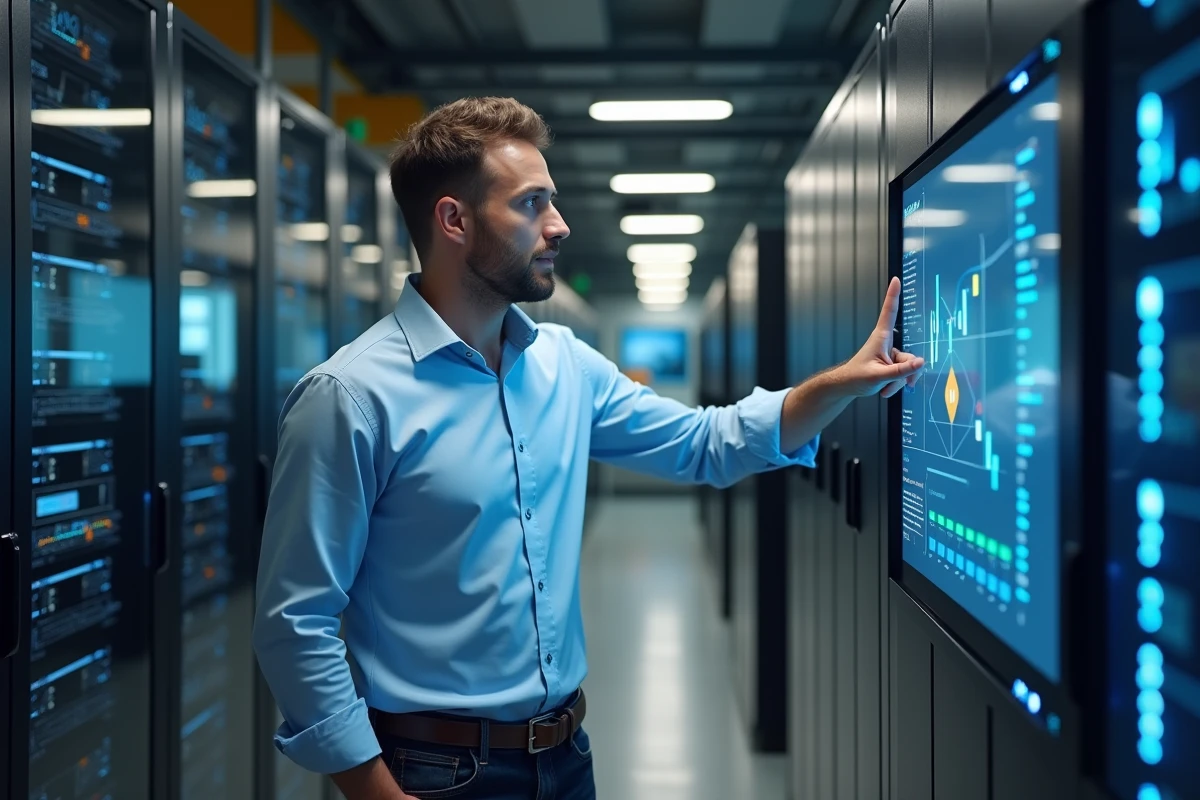 Homme professionnel informatique pointant un écran blockchain