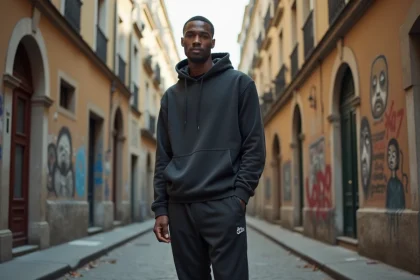 Rappeur français de grande taille posant dans une ruelle parisienne avec graffitis, style urbain authentique