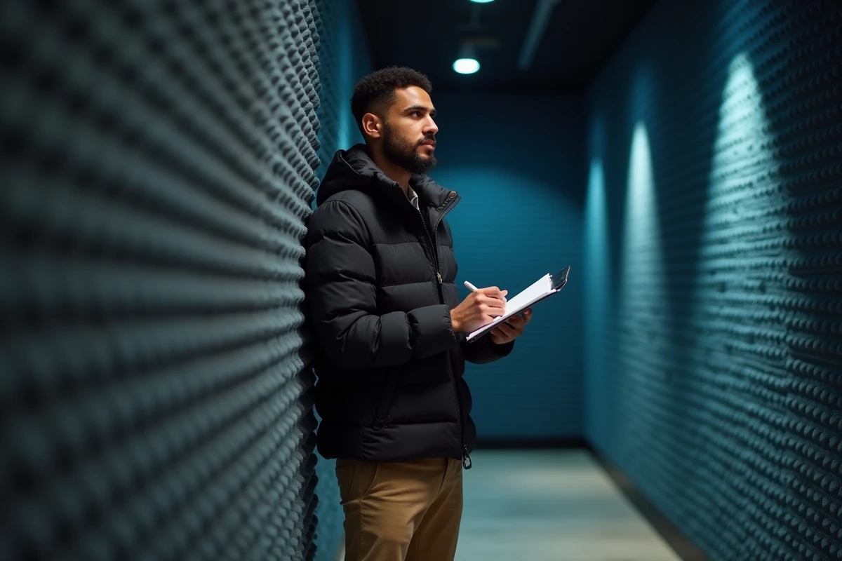 Rappeur de grande taille dans un couloir de studio d'enregistrement tenant un carnet, ambiance musicale urbaine