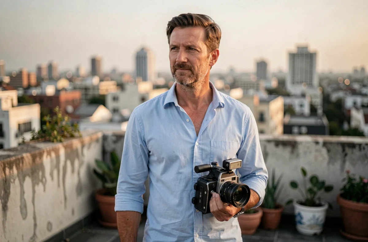 Homme tenant une caméra vintage sur un rooftop urbain, symbolisant la transition entre réalisation vidéo et médias people