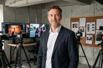 Réalisateur vidéo professionnel dans un studio de production moderne à Paris, entouré d'équipements cinématographiques