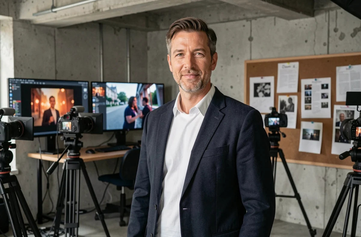 Réalisateur vidéo professionnel dans un studio de production moderne à Paris, entouré d'équipements cinématographiques